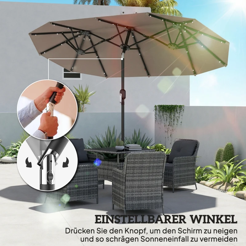 Outsunny Doppelsonnenschirm 292 x 150 cm, Sonnenschirm mit mit LED-Beleuchtung Handkurbel, Knickfunktion Khaki