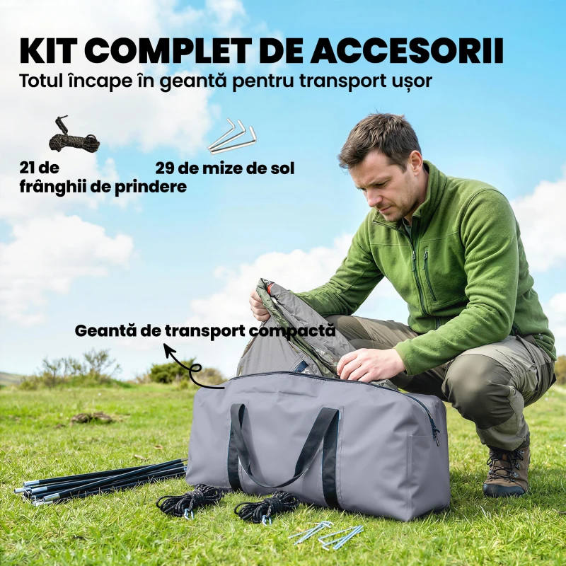 Outsunny Cort Mare Multi-Cameră pentru 2-4 Persoane, cu Ferestre și Verandă, Verde