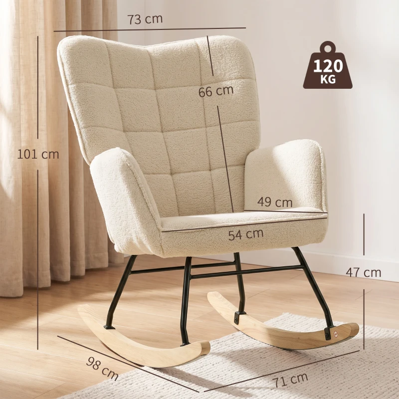 HOMCOM Schaukelstuhl im Retro-Design, Massivholz, Sessel, Relaxsessel, 98 cm x  71 cm x 101 cm, Beige(m-3)