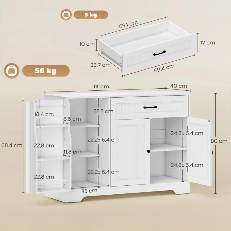 HOMCOM Modernes Küchen-Sideboard mit Schublade, verstellbaren Regalen, kleine Küchen-Vorratskammer mit Türfächern, Weiß