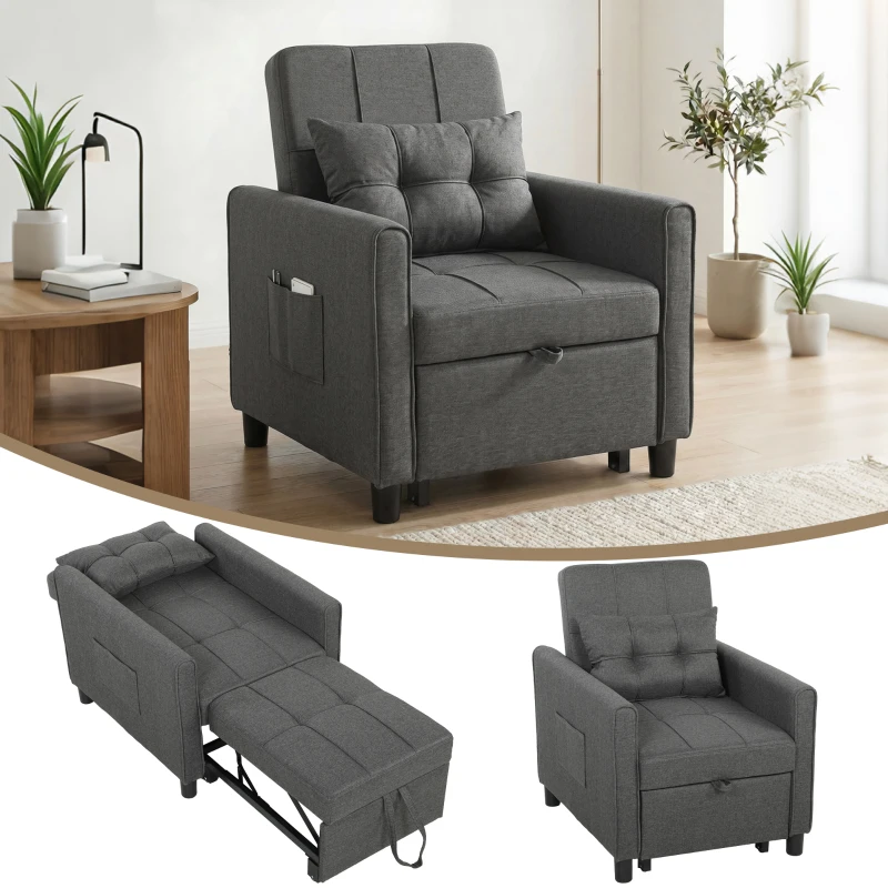 HOMCOM Fotoliu Pat Single 3 în 1 din Material Textil Tip In și Lemn cu Spătar Reclinabil, Pernă, Buzunare, Gri