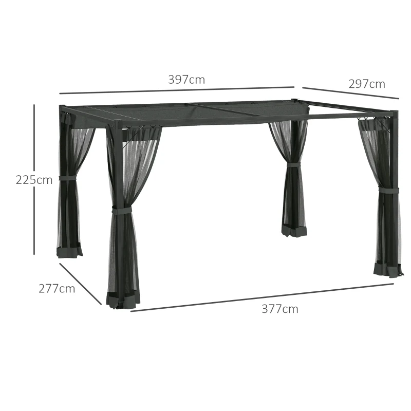 Outsunny Pergola da Giardino con Tetto Retrattile e Tende, in Alluminio e Poliestere, 397x297x225 cm, Grigio Scuro