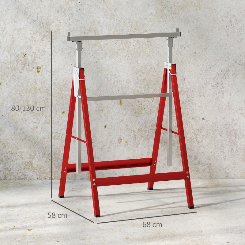 HOMCOM Set 2 Suporturi de Lucru Telescopice 80-130 cm Pliabile, din Oțel Q195, 68x58x80 cm, Roșu și Argintiu