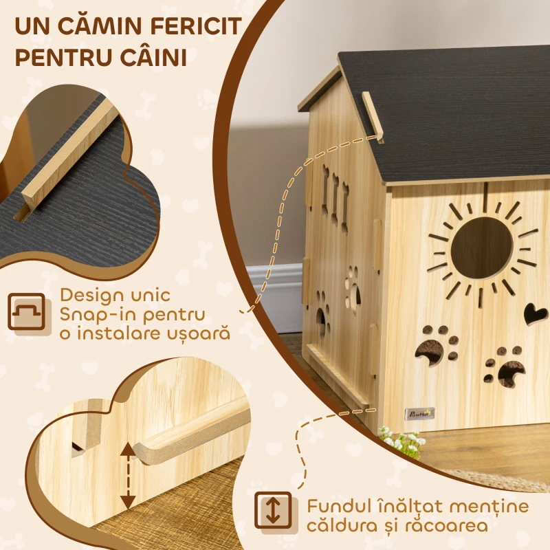 PawHut Căsuță pentru câini de interior cu structură din lemn și decupaje în formă de labă, inimă și os, stejar
