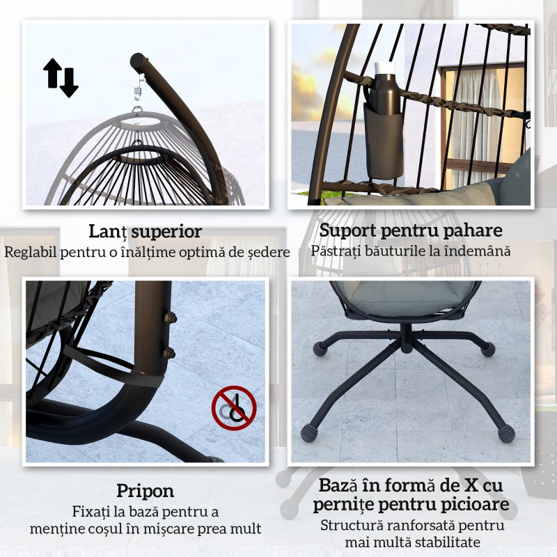 Outsunny Fotoliu Suspendat tip Ou cu Suport Reglabil, 2 Perne și Coș, din Oțel, 120x88x192 cm, Negru și Gri