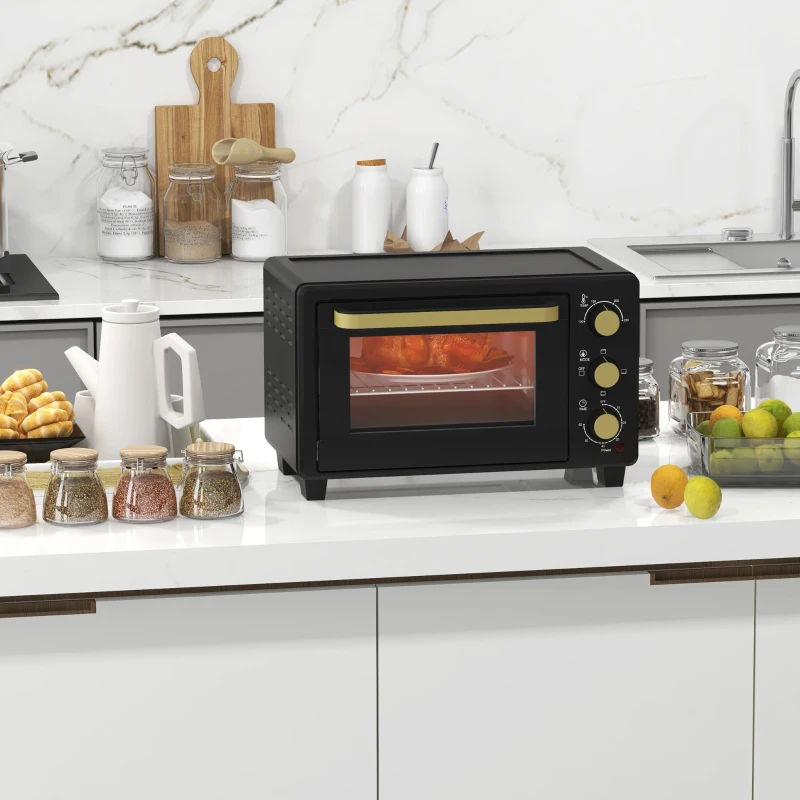 HOMCOM Miniforno, Forno tostador, Temporizador, Grelha, Assadeira, Janela de vidro, Metal, Preto