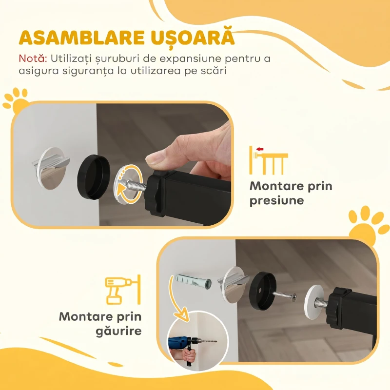 PawHut Poartă Extensibilă pentru Câini cu 4 Șuruburi Reglabile, din Metal și Plastic, 74-100x78 cm, Negru