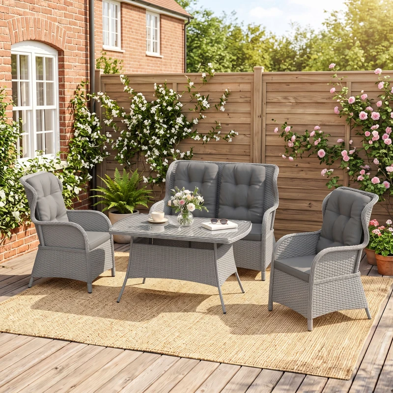 Outsunny Garden PE Rattan Dining Sofa Set, Outdoor 4 Seater Wicker Furniture, High Back Chairs with Cushions, Tempered Glass Coffee Table for Patio, Light Grey