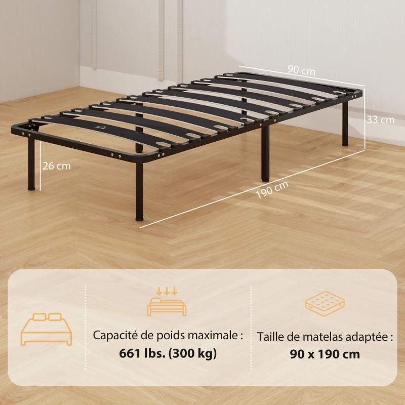HOMCOM Cadre de lit 90 x 190 cm, lit simple avec sommier à lattes en bois massif et pied, avec rangement au-dessous, noir