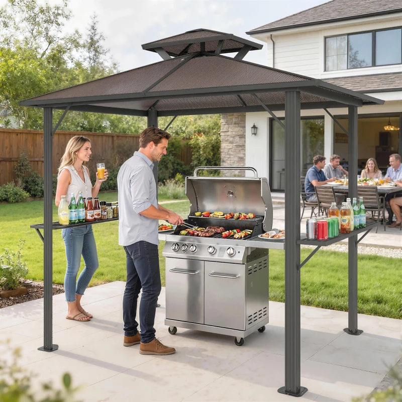 Outsunny Grillpavillon 2,5 x 1,5 m, Wasserdicht Grillüberdachung mit Doppeldach aus Polycarbonat Seitenablage Braun