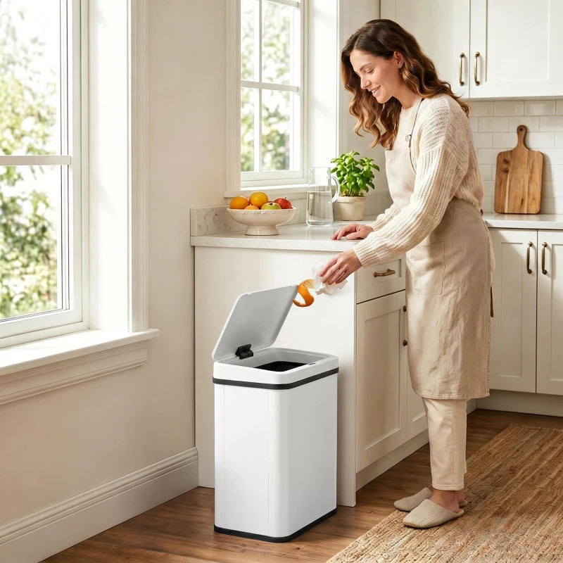 HOMCOM 40L Sensor Bin with Soft-Close Lid, Stainless Steel Automatic Touchless Motion Sensor Kitchen Bin, White
