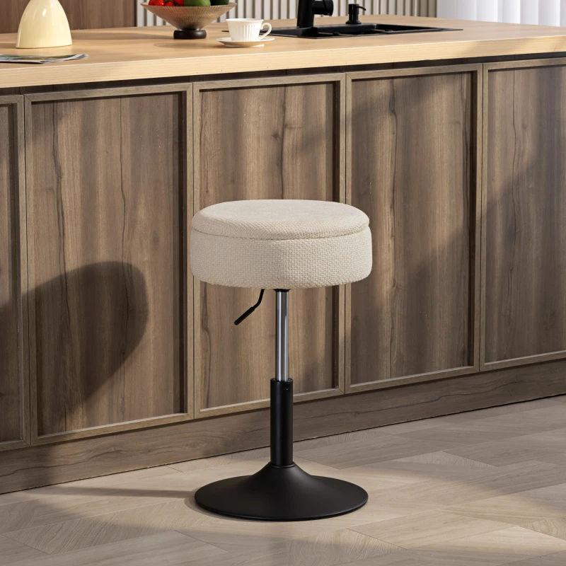 HOMCOM Taburete de Bar con Almacenaje Altura Ajustable Taburete de Cocina Redondo Giratorio Tapizado en Chenilla Beige
