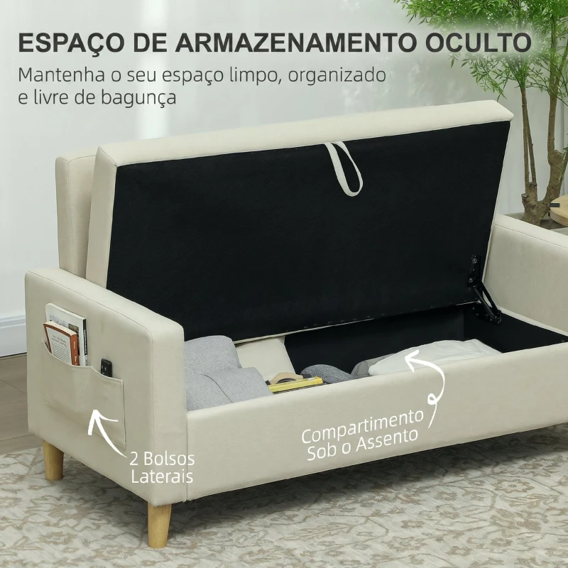 HOMCOM Sofá de 2 Lugares Estofado em Linho Sintético com Espaço de Armazenamento 2 Almofadas e Pés de Madeira 135x71x84 cm Bege