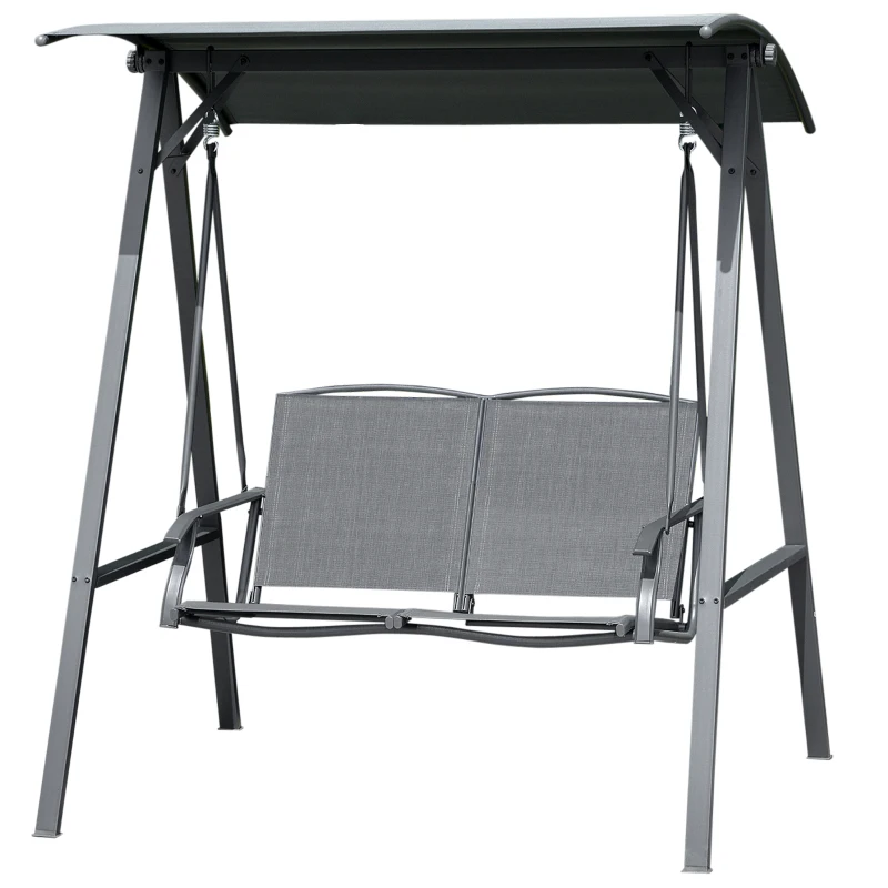 Outsunny 2 Seater Garden Swing Seat Swing Chair, Outdoor Canopy Swing Bench with Adjustable Shade, Metal Frame and Texteline Seat, Dark Grey