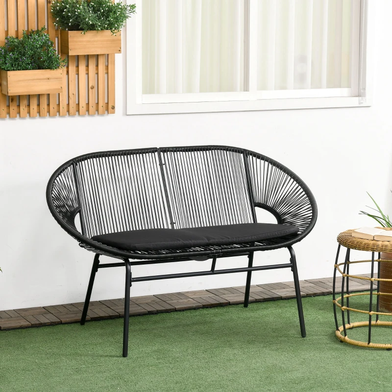 Outsunny Divano da Giardino 2 Posti in Rattan PE e Acciaio con Cuscini e Braccioli, 132x72x83 cm, Nero
