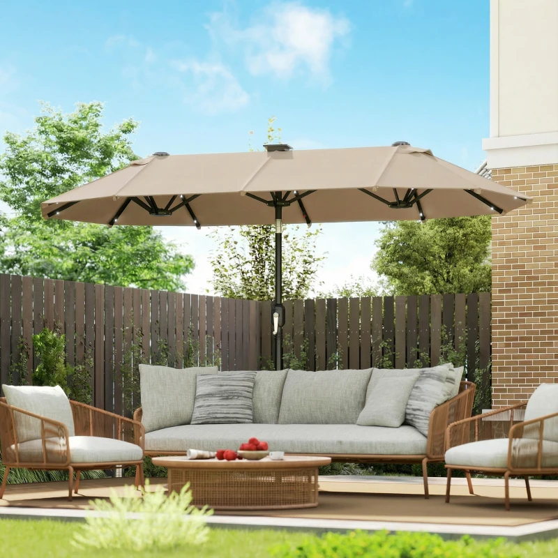 Outsunny Doppelsonnenschirm 292 x 150 cm, Sonnenschirm mit mit LED-Beleuchtung Handkurbel, Knickfunktion Khaki