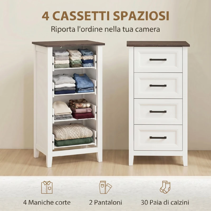 HOMCOM Cassettiera 4 Cassetti per Camera da Letto e Soggiorno, in Legno, 45x35x87 cm, Bianco e Marrone