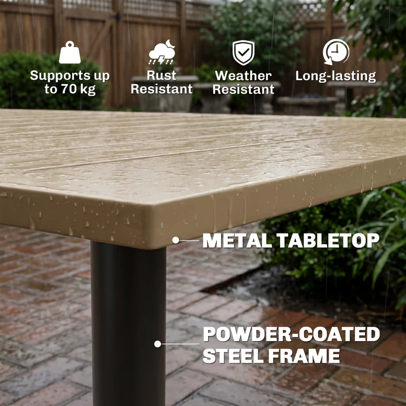 Outsunny Garden Dining Table, 150 x 90 cm Rectangle Outdoor Table with 5 cm Parasol Hole, Slatted Tabletop and Steel Frame for Patio Balcony, (Table Only) Brown