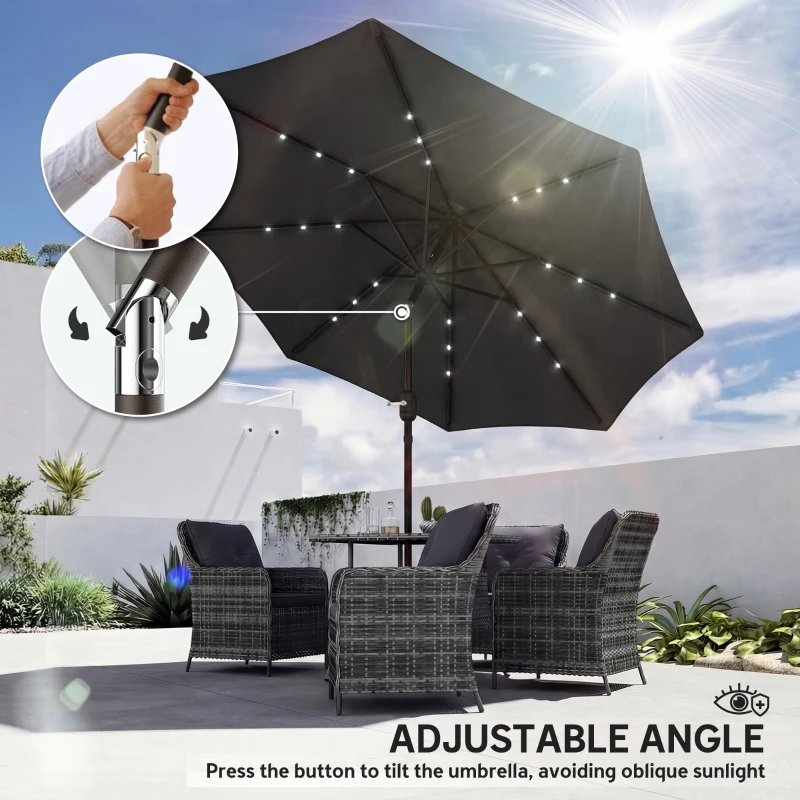 Outsunny 2.6 m Garden Parasol Umbrella with LED Solar Light, Parasol Cover, Outdoor Market Patio Umbrella, Black