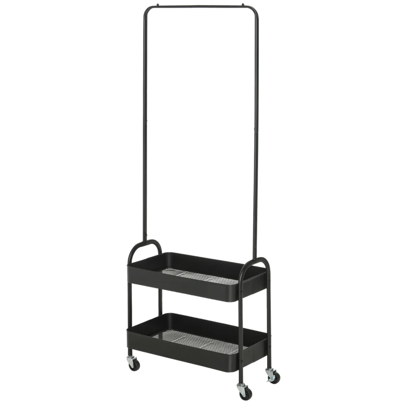 HOMCOM Metal Clothes Rack with Shoe Storage, Clothing Rail on Wheels, Freestanding Hall Tree, Coat Stand with 2 Storage Shelf, Black