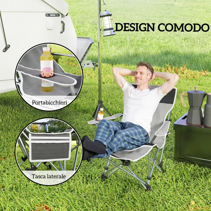Outsunny Sedia da Campeggio Pieghevole con Poggiapiedi Staccabile, Portabicchieri e Tasca Laterale, 82x100x88 cm, Grigio