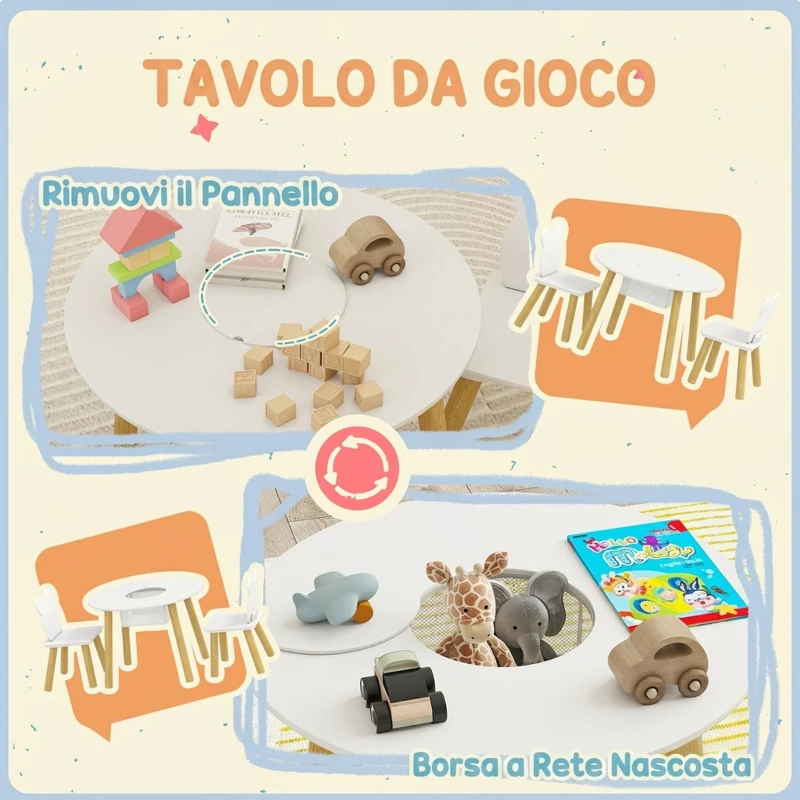 AIYAPLAY Set con Tavolo e 2 Sedie per Bambini con Schienale a Orsetto, Tavolino con Vano Contenitore, Bianco
