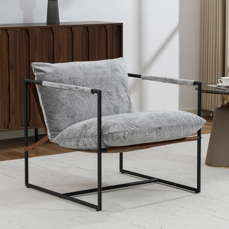 HOMCOM Fauteuil salon, fauteuil d'appoint rembourré en velours imprimé, large assise et structure en acier, 77x91x80cm, gris