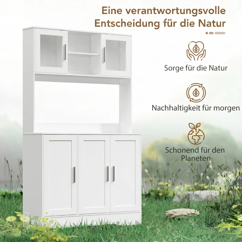 HOMCOM Küchenschrank, Skandinavisches Design, 4 Schränke, verstellbare Regale, Glastüren, offene Fläche, Spanplatte, MDF, Weiß(m-8)