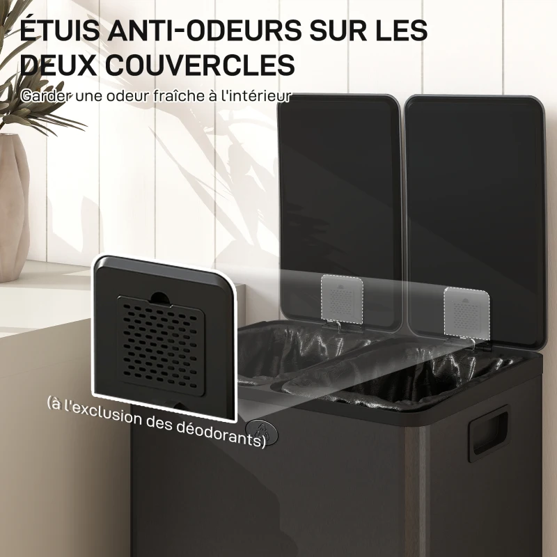 HOMCOM Poubelle de cuisine 2 compartiments de 2 x 28L, acier inoxydable, couvercle à fermeture douce, 45,8x36x67,6cm, noir