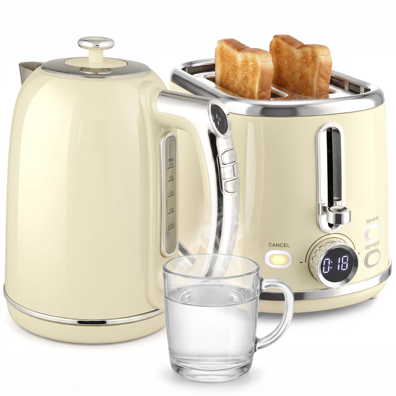 HOMCOM Set fierbător și prăjitor cu ecran LED, fierbător 1,7 L cu funcție menținere 3 ore, crem