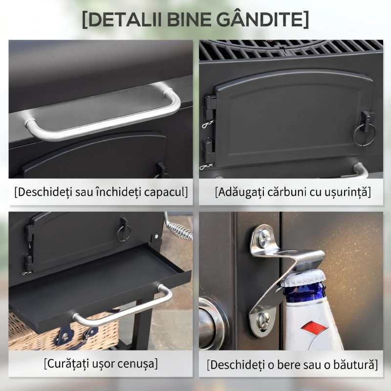 Outsunny Grătar de Grădină pe 2 Roți cu Grilaj, Afumător și Arzător, din Metal și Fontă, 124x66x112 cm, Negru
