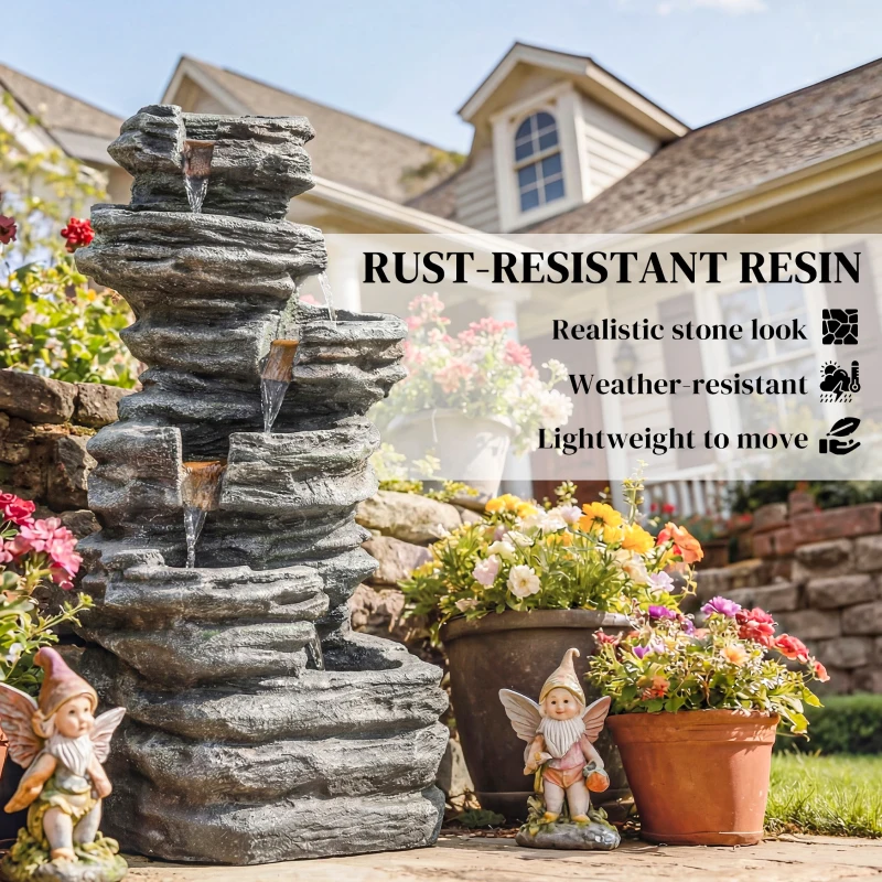 Outsunny Outdoor Fountain, 6-Tier Cascading Waterfall Feature with LED Lights, Resin Freestanding Garden Fountain, Grey