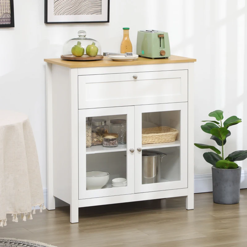 HOMCOM Aparador de Cocina Moderno Mueble Buffet Auxiliar con Cajón Estante Ajustable y 2 Puertas de Vidrio 80x40x90 cm Blanco
