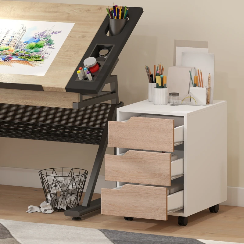 HOMCOM Caisson bureau mobile, meuble rangement bureau sur roulettes, 3 tiroirs, 40x50x57,5cm, blanc et chêne