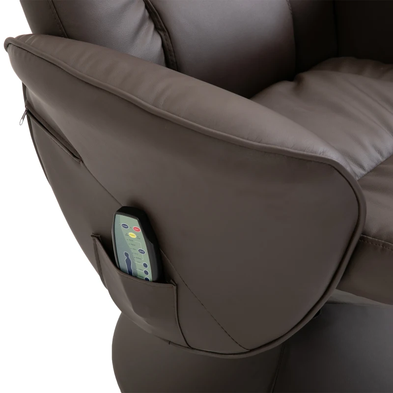 HOMCOM Poltrona Relax com Apoio Poltrona de TV Giratória com 10 Pontos de Massagem Função Reclinável Poltrona de Massagem com Controlo Remoto Bolso Lateral Poltrona de TV Couro Sintético Castanho