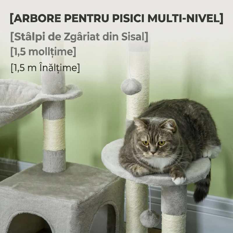 PawHut Ansamblu de Joacă pentru Pisici din PAL cu Stâlp din Sisal, Căsuță și Platforme, 65x30x104 cm, Gri Deschis