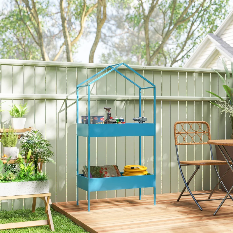 Outsunny Portavasi a 2 Livelli in Metallo a Forma di Casetta con Gancio, 75x35x150 cm, Blu Verde