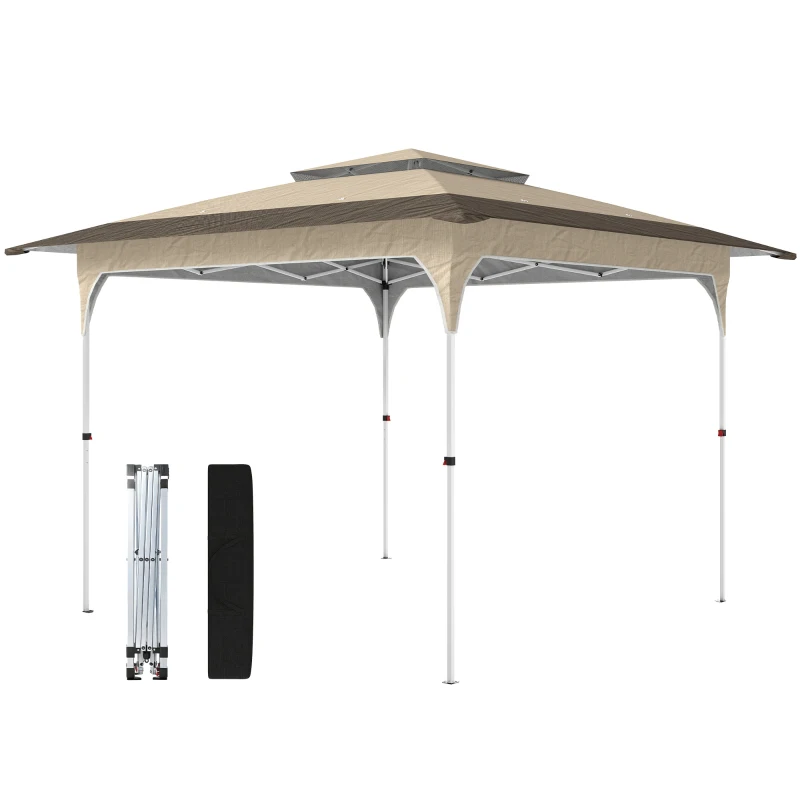 Outsunny Carpa Plegable 3,5x3,5 m Pop-up con Altura Ajustable 3 Niveles Doble Techo Cierre Central y Bolsa UPF50+ Caqui
