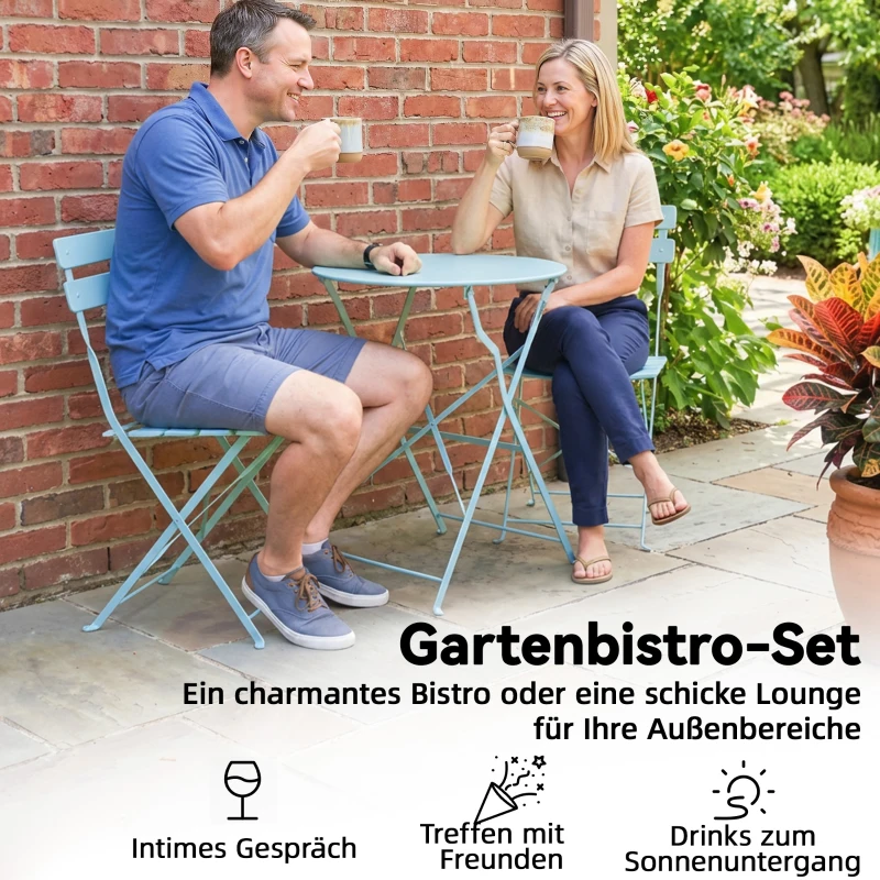 Outsunny 3-teiliges Garten Bistro Set Klappbar Bistrotisch mit 2 Stühlen Lamellen-Sitz Doppelt X-Beine Hellblau