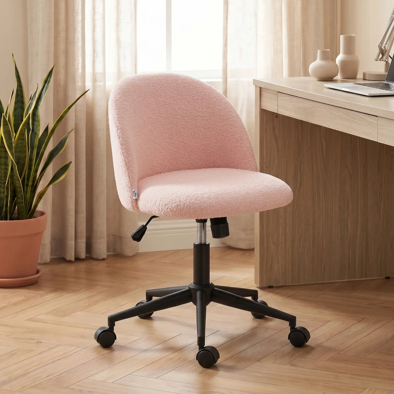 HOMCOM Chaise de Bureau Pivotante en Fourrure Teddy, Hauteur Réglable, Roulettes, Mousse Haute Résilience, Rose