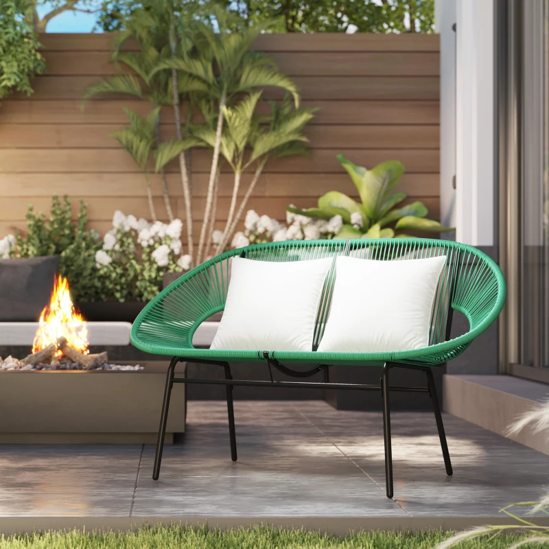 Outsunny Divano da Giardino 2 Posti in Rattan PE e Acciaio con Cuscini e Braccioli, 132x72x83 cm, Verde