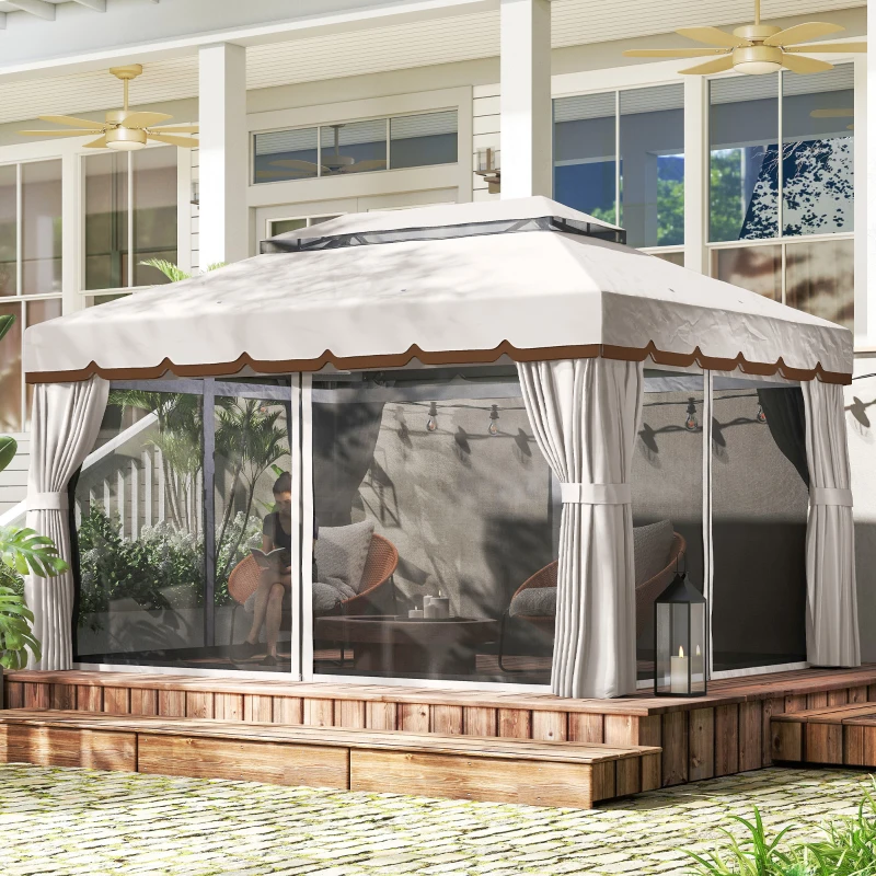 Outsunny Cenador de Jardín 4x3m Pabellón de Jardín Gazebo con Doble Techo 4 Cortinas y Mosquitera Marco de Aluminio UPF50+ Crema