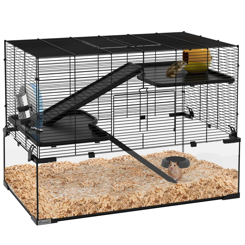 PawHut Cușcă pentru Hamsteri cu 3 Niveluri cu Bază din Sticlă Temperată, Roată și Accesorii, 76,5x48,5x54,5 cm, Negru