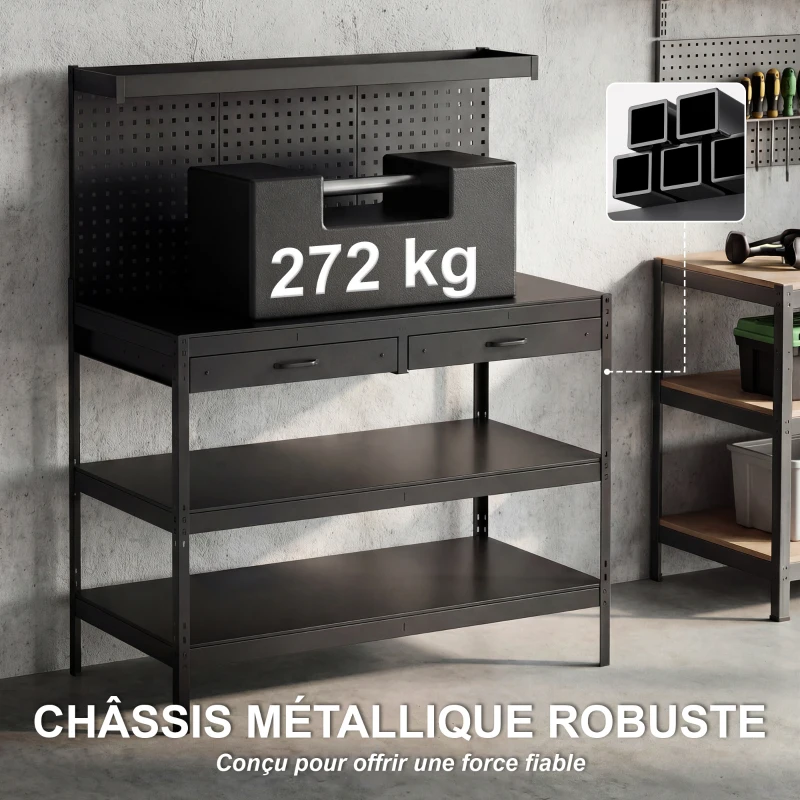 HOMCOM Établi d'Atelier, Charge Max. 272 kg, 122x61x156 cm, Panneau Perforé, 2 Tiroirs et 2 Étagères Réglables, Noir