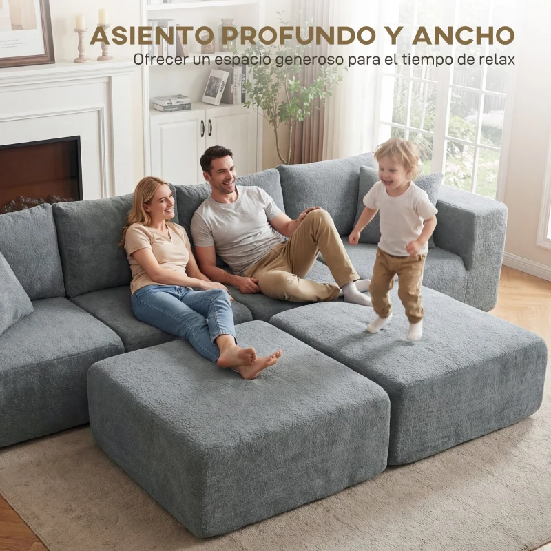 HOMCOM Sofá Seccional en Forma de U Sofá Modular con 2 Taburetes 2 Almohadas Reposabrazos Anchos sin Montaje Gris