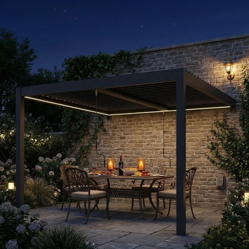Outsunny 3 x 3 m Louvered Pergola with LED Lights, Metal Louvres, Wall Mounted Aluminium Patio Gazebo Pergola, Dark Grey
