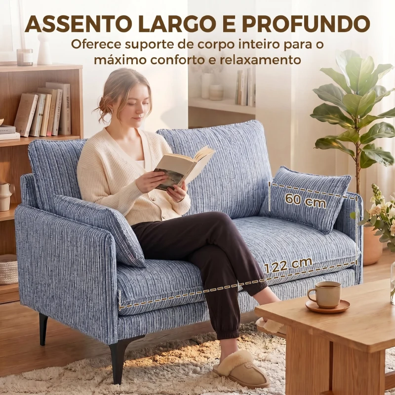 HOMCOM Sofá 2 Lugares em Tecido Efeito Linho Respirável com Enchimento Espesso 2 Almofadas Braços para Sala de Estar Sala Azul