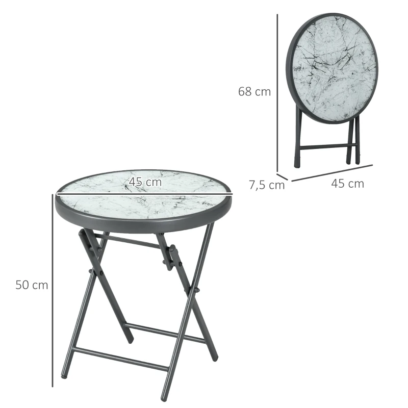 Outsunny Table basse pliante table d'appoint pliante plateau effet marbre en verre trempé structure métal ronde Ø45 x 50 cm blanc