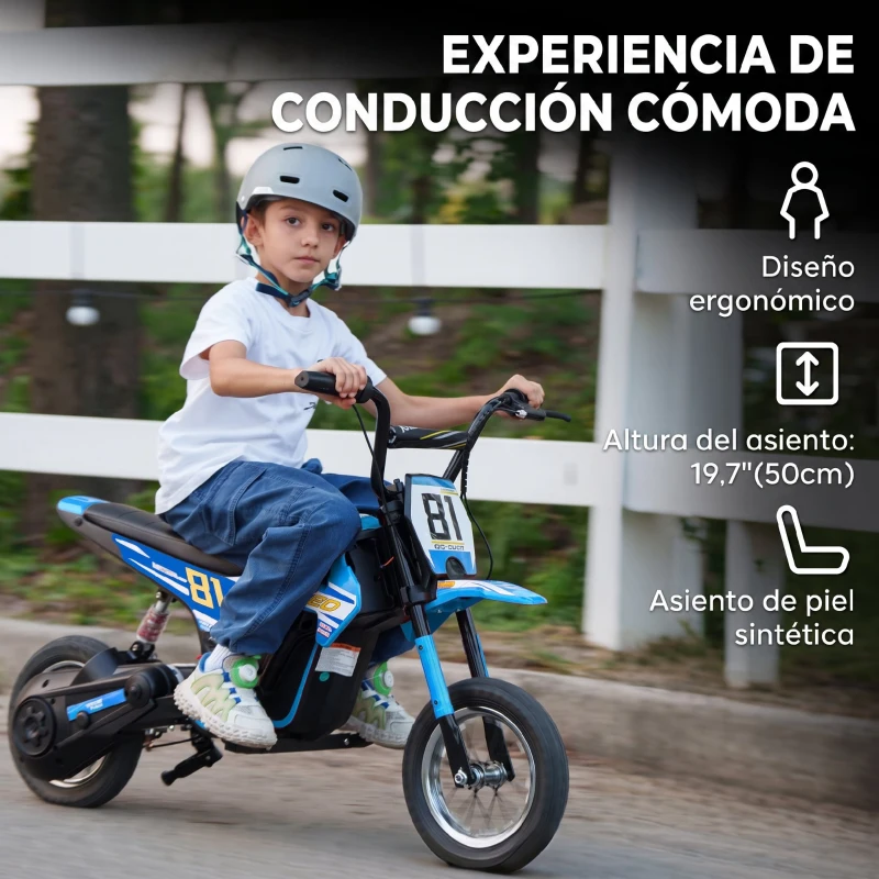AIYAPLAY Moto Eléctrica para Niños 24V con Motor 250W Velocidad de 6-16km/h Ruedas de 12'' para Niños de 8-12 Años Azul