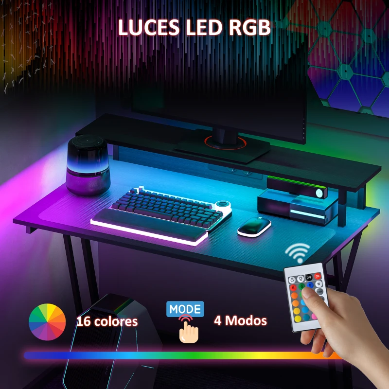 HOMCOM Escritorio Gaming con Luces LED 100x60 cm omas de Corriente Soporte para Monitor Estantes y Control Remoto Negro